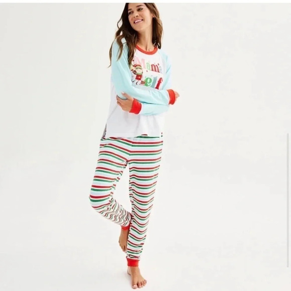 Cuddl Duds Womens Multi Striped Sweater Knit Mama Elf Pajamas 2 Pc Sets Sz M NWT - Picture 3 of 6